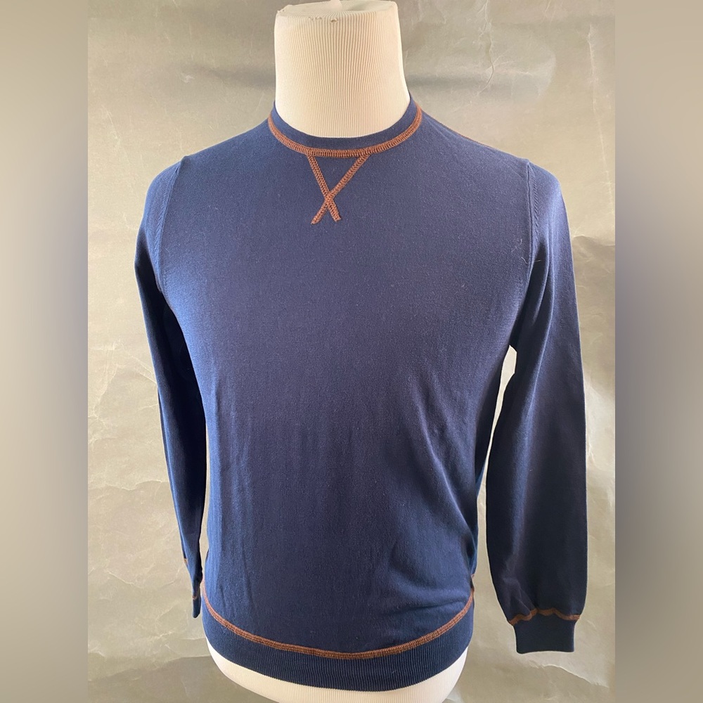 Men's Navy Blue Sweater with Brown Accents